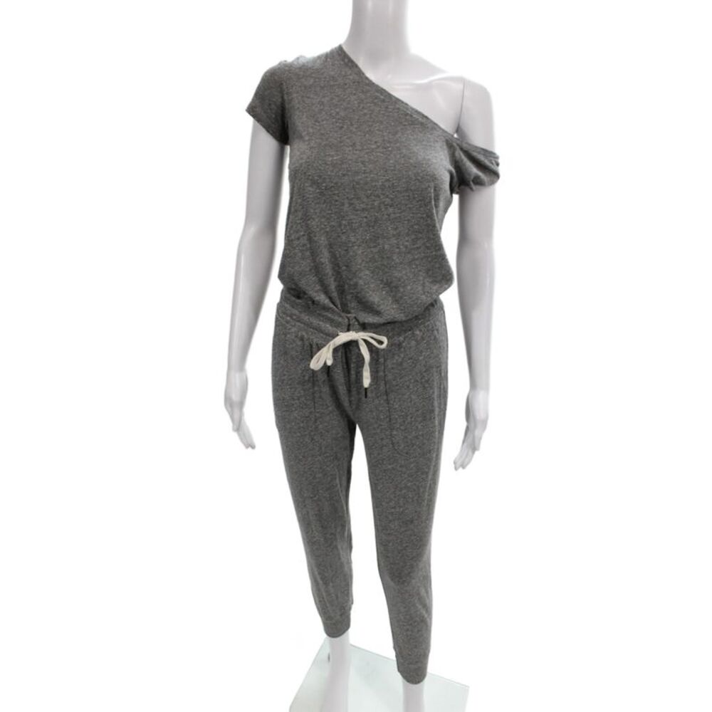 Philanthropy Women Gray One Shoulder Short Sleeve Jumpsuit Drawstring Size S